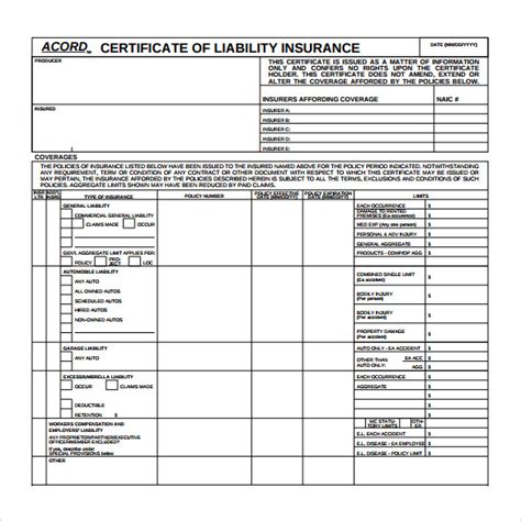 Certificate Of Insurance Template Free | Qualads